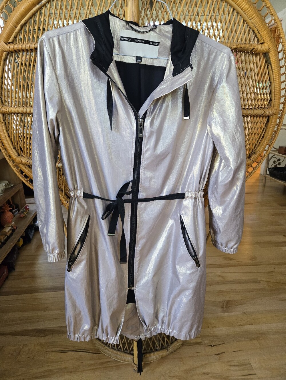 Topshop Silver Hooded Trench Coat with Black Trim